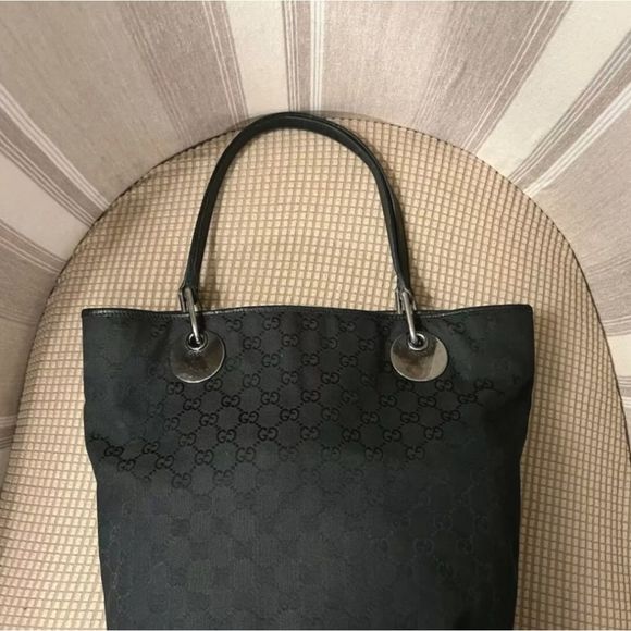 NWT AUTH GUCCI OPHIDIA MONOGRAM BEIGE BLACK DENIM TOTE SHOULDER BAG LEATHER  TRIM